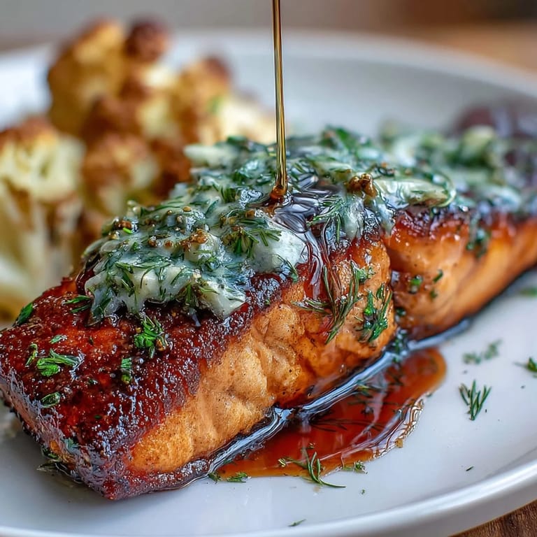 Succulent herb butter salmon fillets served alongside smoky roasted cauliflower for a simple keto-friendly dinner.  