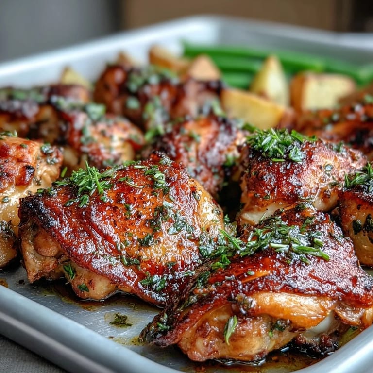Easy one-pan dinner featuring lemon-garlic marinated chicken, roasted baby potatoes, and vibrant green beans straight from the oven.