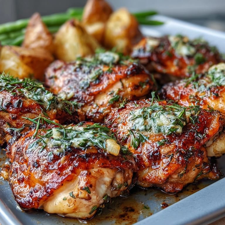 Juicy chicken breasts roasted with lemon and garlic, surrounded by tender potatoes and fresh green beans for a complete meal.