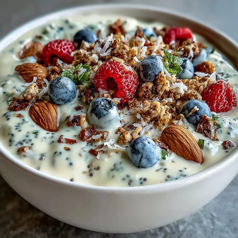 Creamy Greek yogurt smoothie bowl blended with mixed berries and banana, garnished with chia seeds, coconut, and sliced almonds.