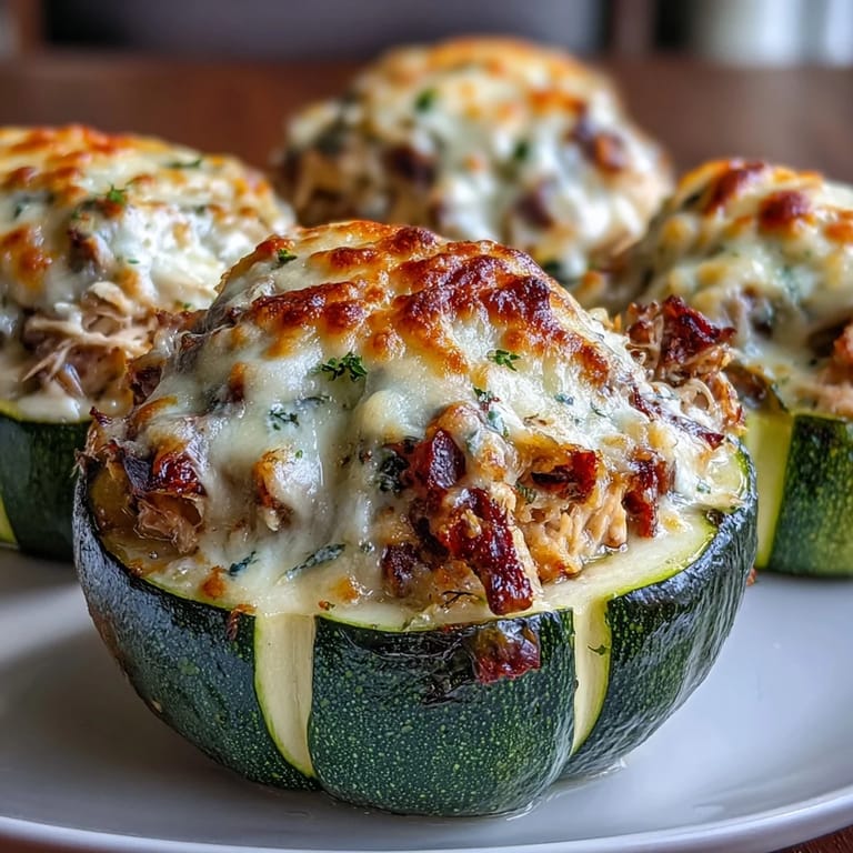 Low-carb dinner idea featuring tender zucchini stuffed with juicy chicken in rich, garlicky cream sauce—family-friendly and satisfying.  