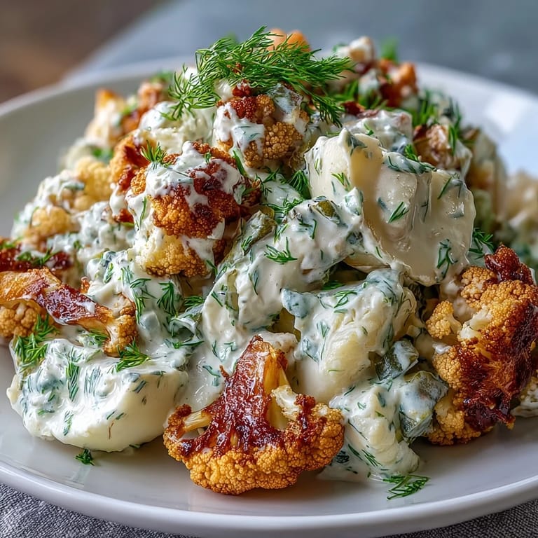 Creamy low-carb salad featuring roasted cauliflower, hard-boiled eggs, and tangy pickles in a rich dressing.  