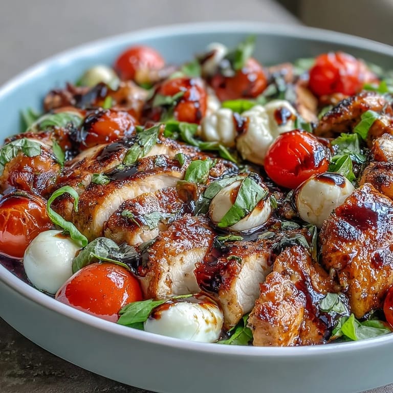 A close-up view of a Grilled Chicken Caprese Bowl, highlighting the glossy balsamic glaze over the fresh ingredients.