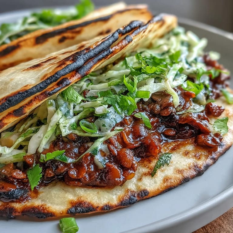 Smoky BBQ lentils and crisp cabbage slaw fill warm tortillas for a colorful, satisfying plant-based taco meal.