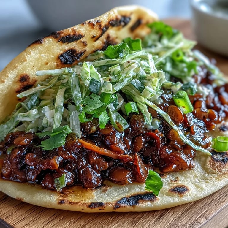 Tasty vegan tacos featuring hearty BBQ lentils and a fresh, tangy cabbage slaw for a bright, flavorful bite.