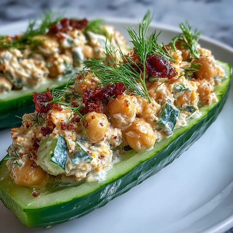 Zesty chickpea salad with vegan mayo, mustard, and dill, served in cucumber halves for a refreshing appetizer.  