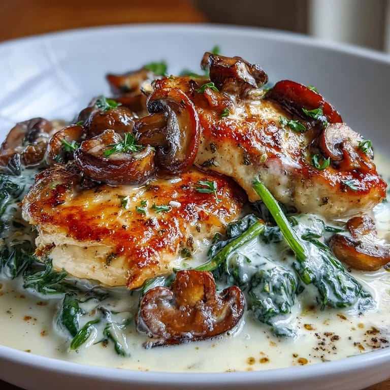 A one-pan low-carb meal featuring juicy chicken breasts, fresh spinach, and savory mushrooms.  