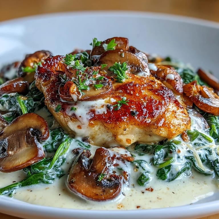Keto-friendly chicken skillet with creamy Parmesan sauce, sautéed mushrooms, and wilted spinach.