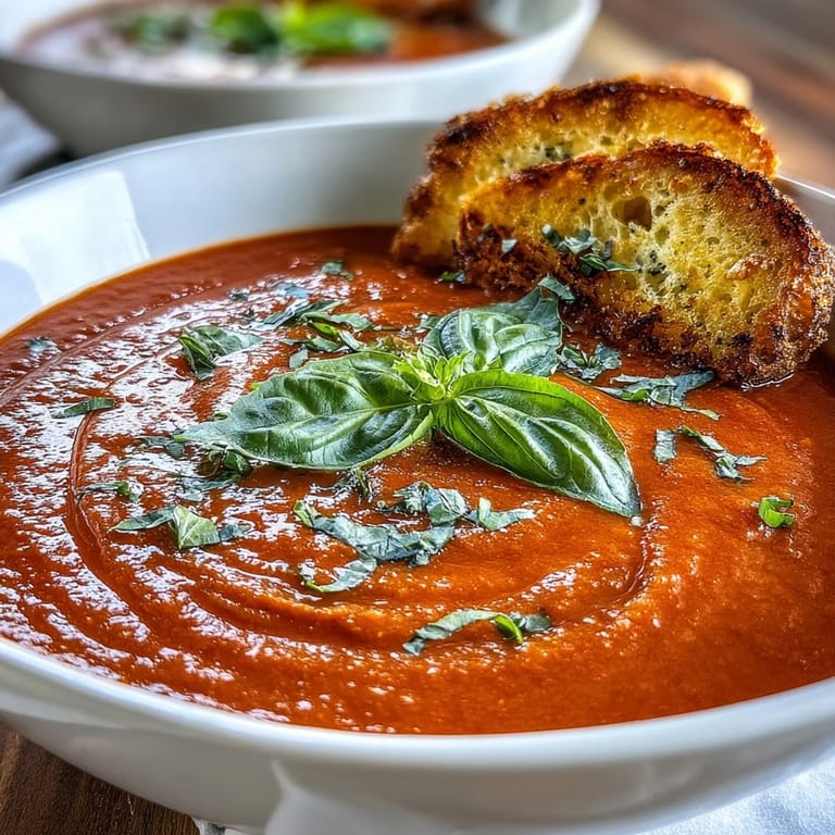Velvety vegan tomato basil soup with rich coconut milk, garnished with fresh herbs and accompanied by crispy garlic sourdough toast sticks.