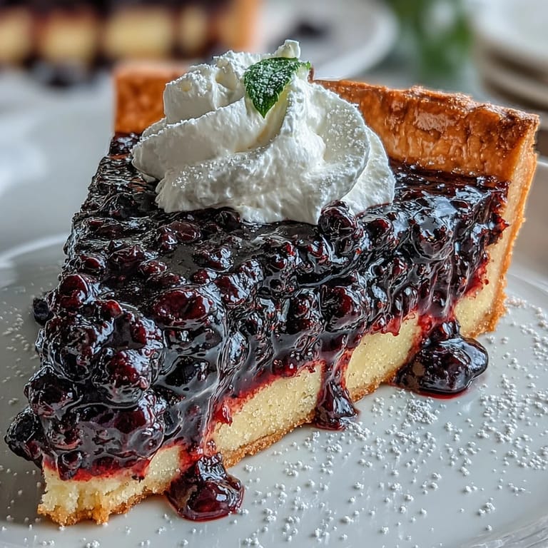 Buttery tart shell cradles tangy black currant curd, its deep purple hue contrasting beautifully with a cloud of sweet vanilla cream.