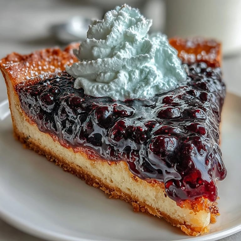 Decadent dessert featuring a crisp pastry base, rich black currant filling, and a generous dollop of lightly sweetened whipped cream.