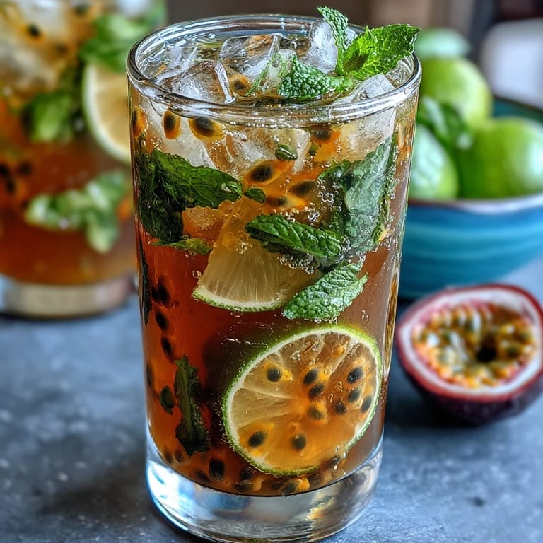 Refreshing tropical passionfruit mojito cocktail with muddled mint leaves, tangy passionfruit juice, and a splash of white rum over ice.