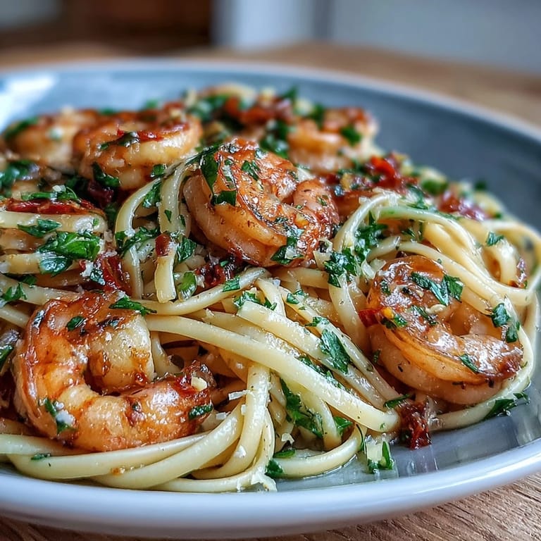 Flavorful shrimp linguine tossed in spicy garlic-chili oil, garnished with parsley and lemon zest for a bright, satisfying main dish.