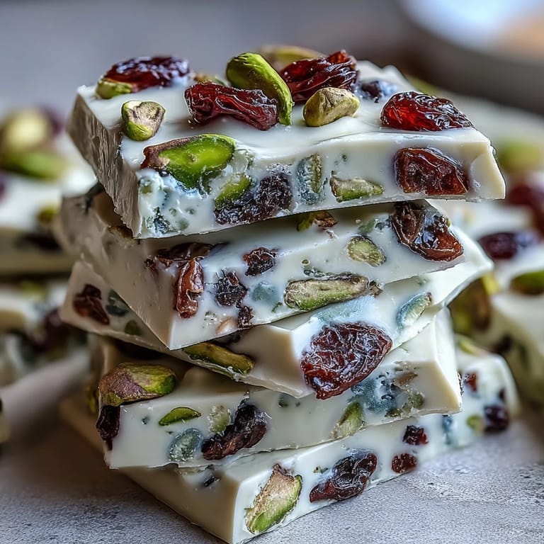 Elegant pistachio white chocolate bark featuring jewel-toned dried fruits, ideal for elegant entertaining or gifting.