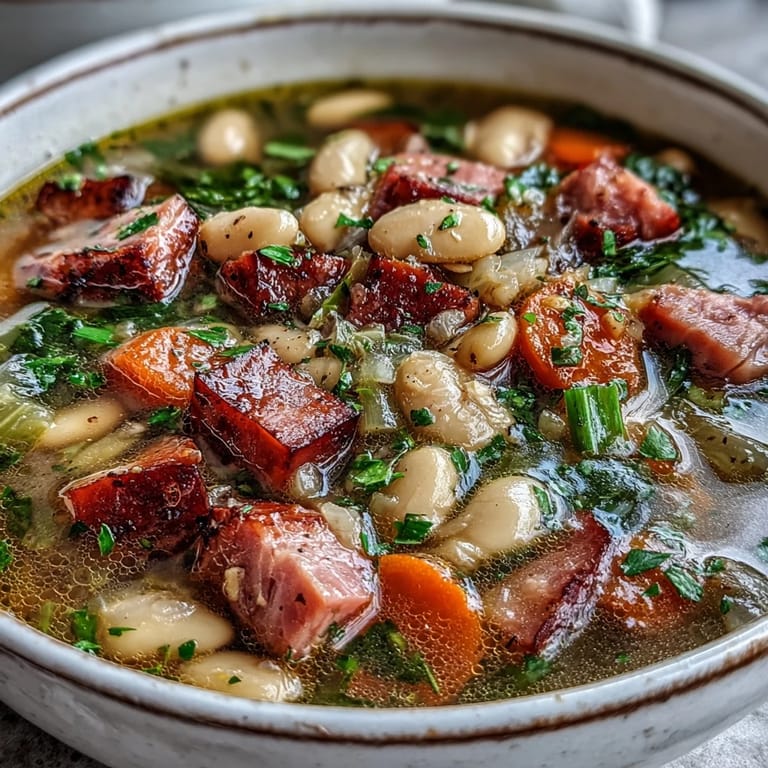 A comforting bowl of Slow Cooker Ham and Bean Soup with Carrots and Celery, featuring hearty vegetables and smoky ham.
