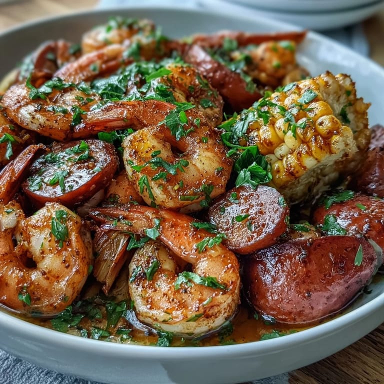 A festive Southern seafood boil featuring shell-on shrimp, andouille sausage, onions, and corn, seasoned with Cajun spices and served with melted butter and parsley.