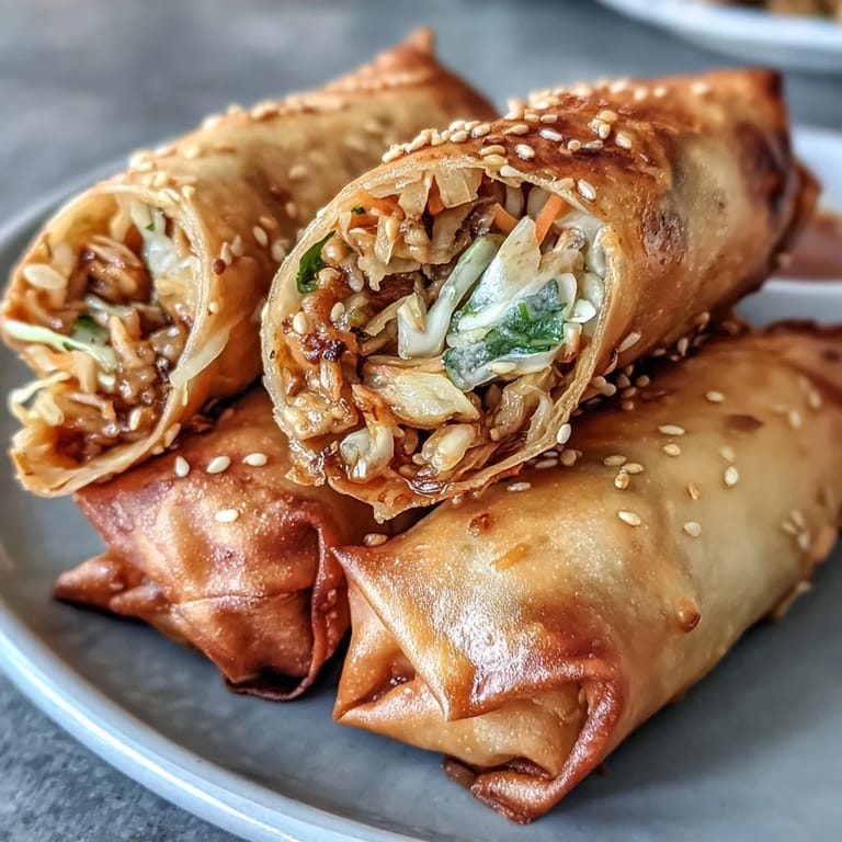 Golden spring rolls filled with savory cabbage, carrots, and mushrooms, air-fried to perfection and paired with a tangy sweet chili sauce.  
