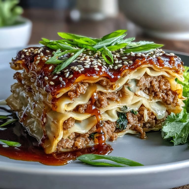 Fusion Asian Dumpling Lasagna features tender dumpling layers, savory meat filling, and fresh vegetables, all baked with gooey cheese and a tangy soy ginger drizzle.