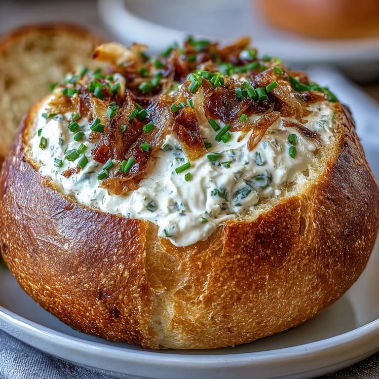 Golden caramelized onions blended into a rich, creamy dip served inside a rustic sourdough bread bowl for easy scooping.