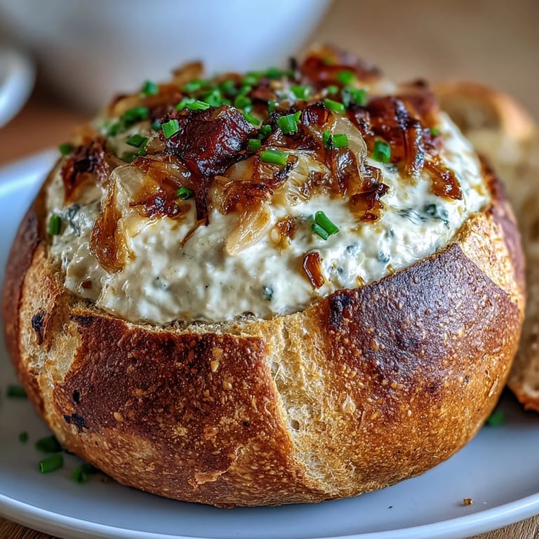 A savory sourdough bread bowl filled with homemade onion dip, garnished with fresh chives and ready for party sharing.