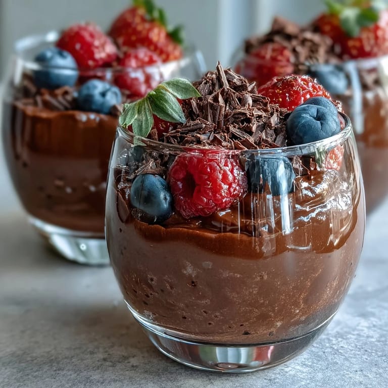 Velvety chocolate mousse made from cottage cheese, topped with vibrant mixed berries for a healthy, indulgent treat.