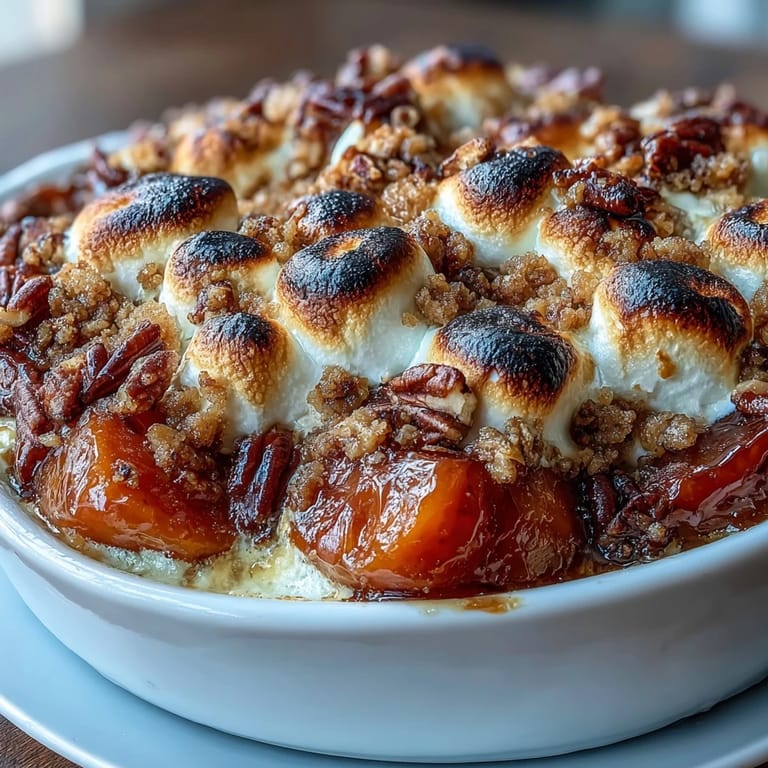 Golden baked candied yams with marshmallow pecan crumble, rich maple glaze coats sweet potato slices beneath crunchy toasted pecans and melted marshmallows.