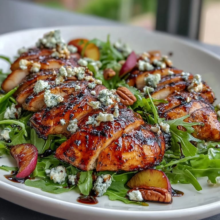 Juicy grilled chicken breast slices paired with caramelized peaches and crisp arugula, accented by red onion and feta cheese, drizzled with balsamic reduction.  