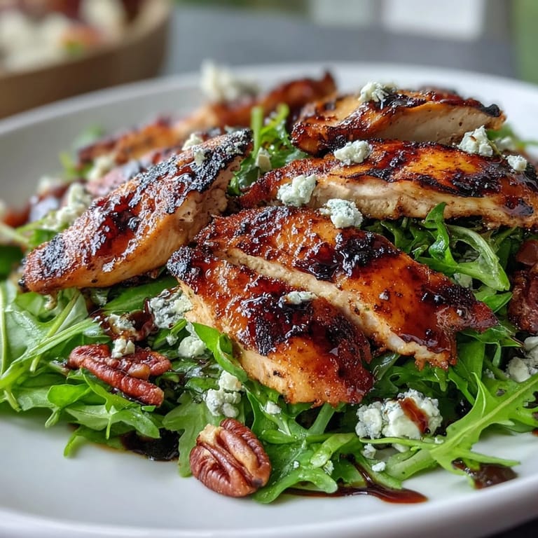 Warm grilled chicken and sweet peach wedges mingle with fresh arugula, crumbled feta, and crunchy nuts, all brought together by a rich balsamic glaze.