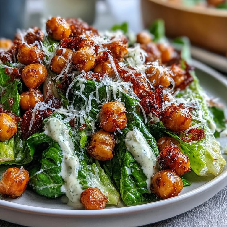 A colorful plant-based Caesar salad with romaine, roasted chickpea croutons, and dairy-free cashew dressing.  