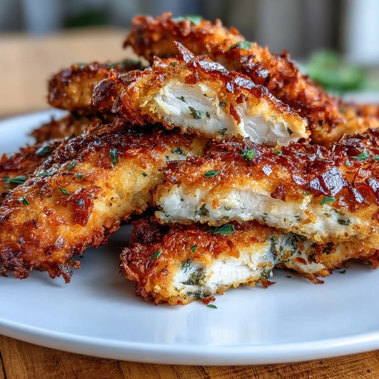 Crispy baked chicken tenders coated in Parmesan and almond flour, served alongside a refreshing ranch-dressed slaw for a delicious low-carb feast.