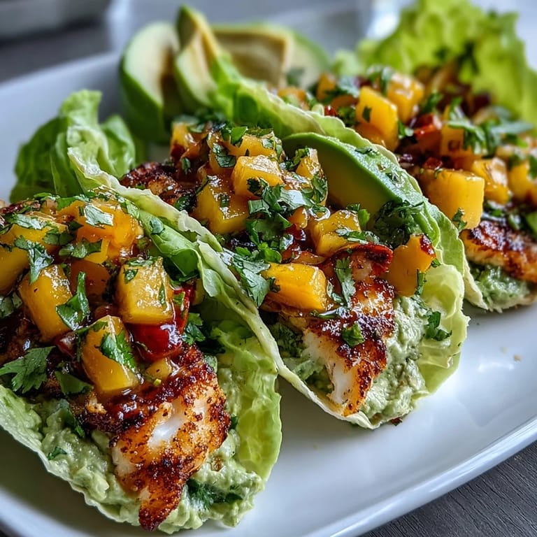 Zesty grilled white fish topped with vibrant mango salsa and fresh cilantro, served in romaine lettuce cups for a low-carb taco twist.  