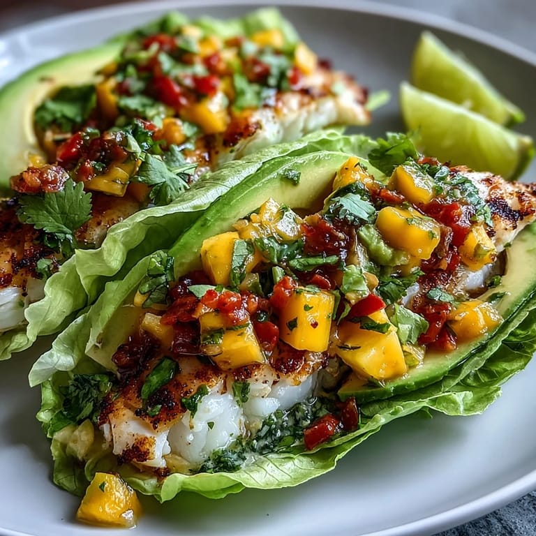 Colorful mango salsa and tender grilled fish nestled in crunchy lettuce shells, garnished with avocado and lime for a refreshing, healthy dish.
