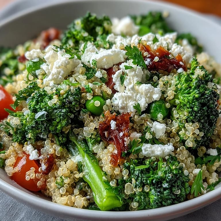 Hearty vegetarian grain bowl featuring nutty quinoa, crisp-tender broccoli, sweet peas, and tangy feta — an easy, protein-rich dinner ready in 35 minutes.