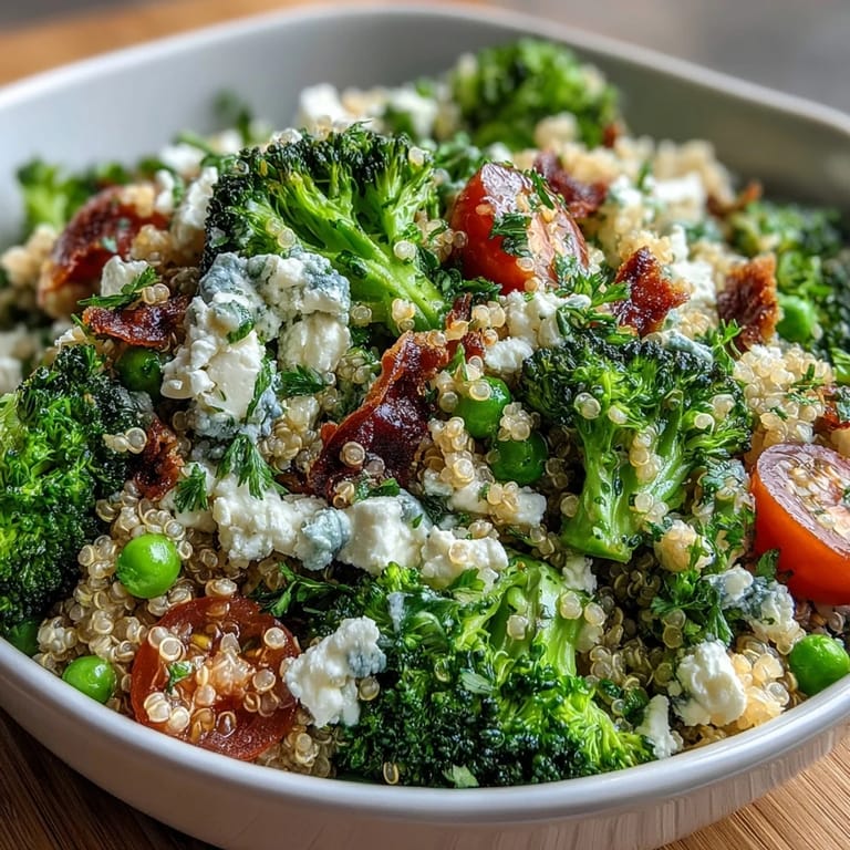 Fresh and vibrant quinoa bowl loaded with tender broccoli, bright green peas, juicy cherry tomatoes, and creamy feta cheese — perfect for healthy meal prep.