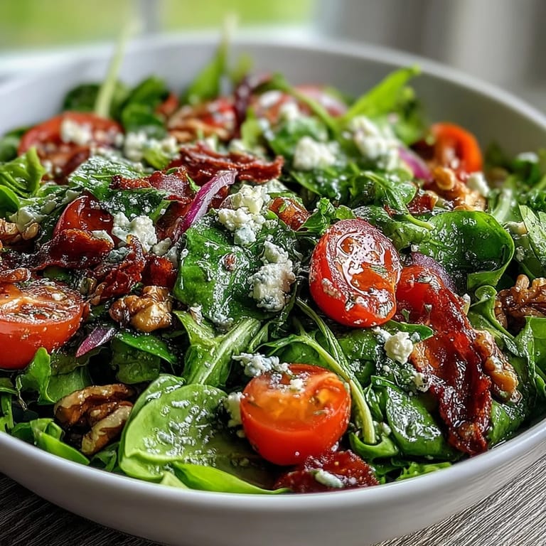 Colorful spring greens salad featuring honey mustard dressing, fresh vegetables, and optional nuts for a crisp, satisfying bite.