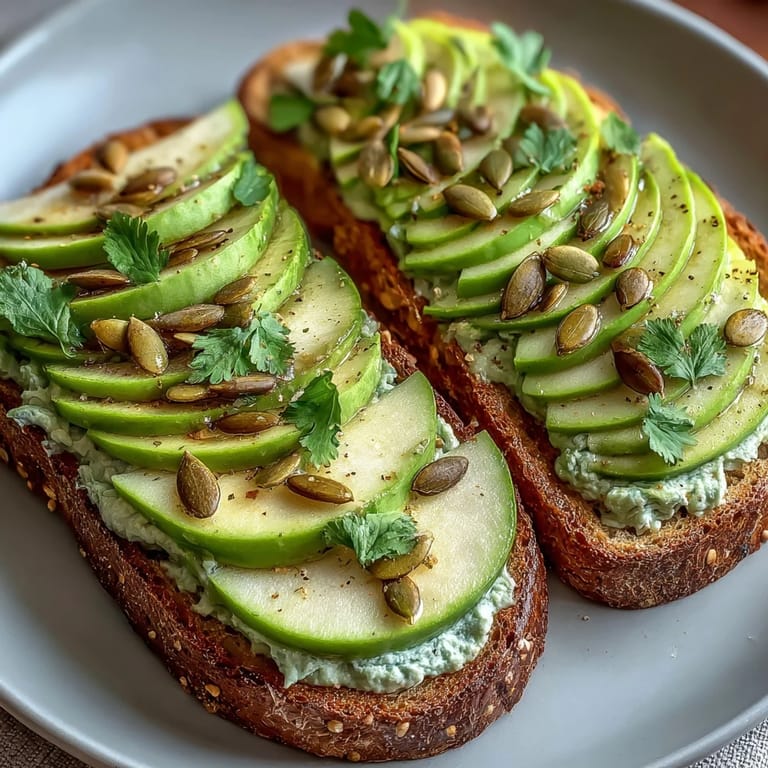 Fresh avocado spread topped with tart green apple slices, toasted pumpkin seeds, and a sprinkle of fresh herbs for a nourishing start.