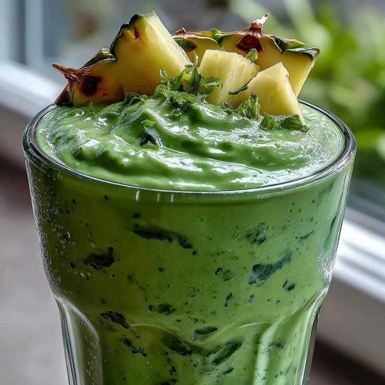 Tropical pineapple and spinach combine in this emerald green smoothie, topped with chia seeds for a nutritious and energizing breakfast or snack.