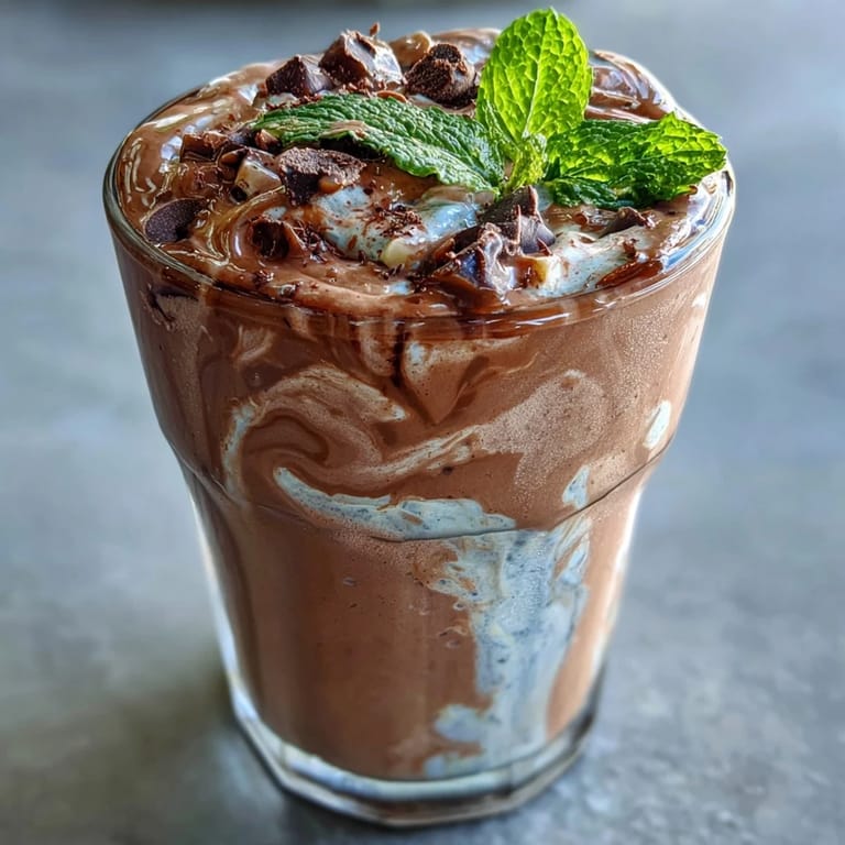 A refreshing post-workout protein shake blending rich chocolate, cool mint, and naturally sweet frozen banana for a healthy breakfast boost.  