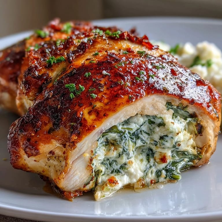 Tender chicken breasts filled with creamy feta, fresh spinach, and herbs, served with roasted vegetables for a wholesome dinner.  