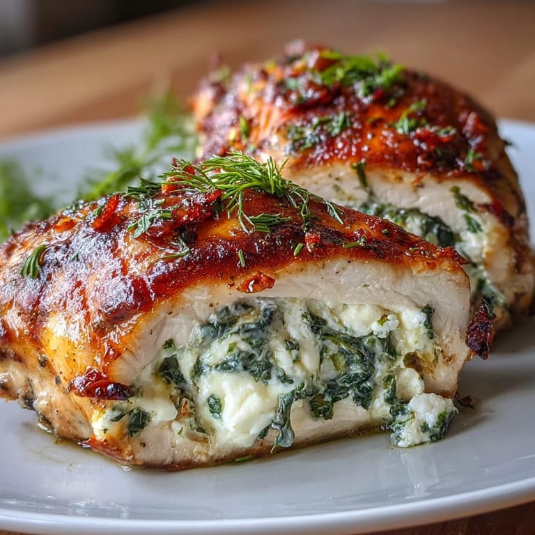 A savory blend of spinach, feta, and garlic stuffed inside juicy chicken breasts, perfect for an easy yet elegant meal.