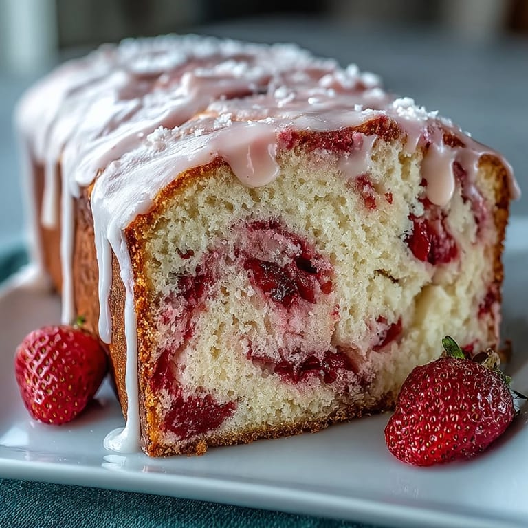 Buttery pound cake loaf marbled with vibrant homemade strawberry swirl, topped with a shiny vanilla glaze for a sweet finish.