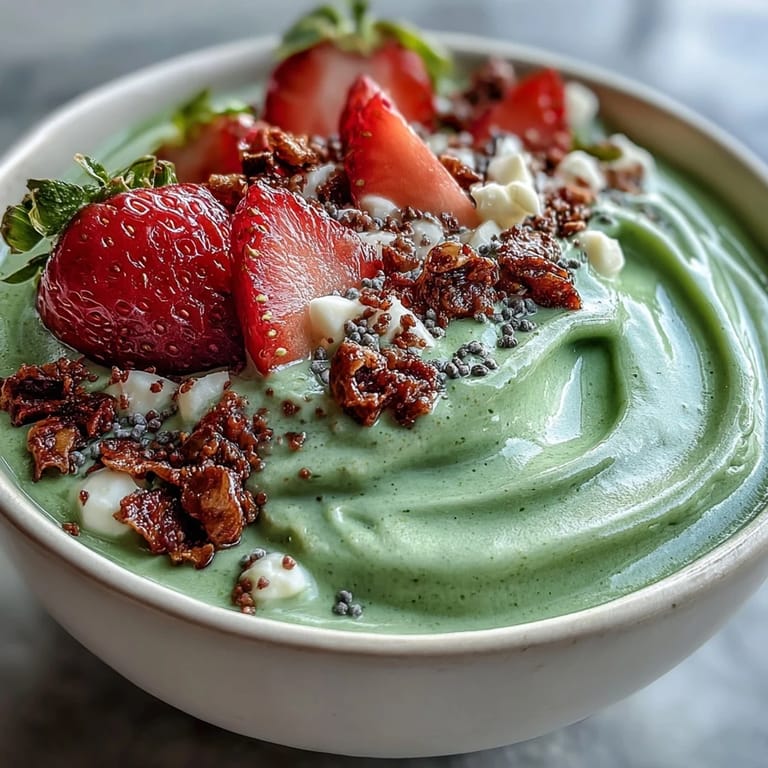 Swirled layers of green matcha and pink strawberry smoothie, garnished with crunchy granola, coconut flakes, and white chocolate chips for a refreshing, healthy bowl.