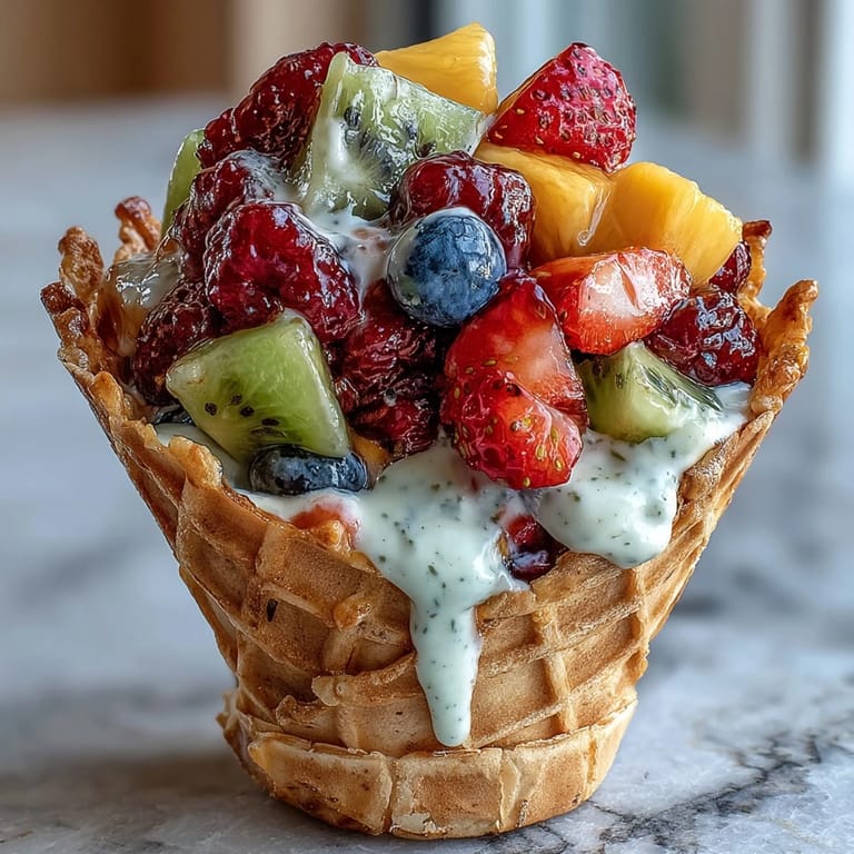 Crispy waffle cones overflowing with diced fresh fruit and accompanied by a zesty lemon-honey yogurt dip, ideal for festive gatherings and kids' treats.