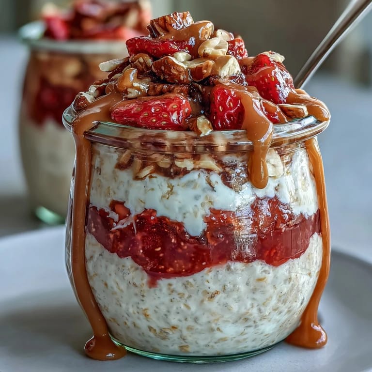 Wholesome overnight oats swirled with creamy peanut butter and sweet strawberry jam, finished with crunchy peanut topping.