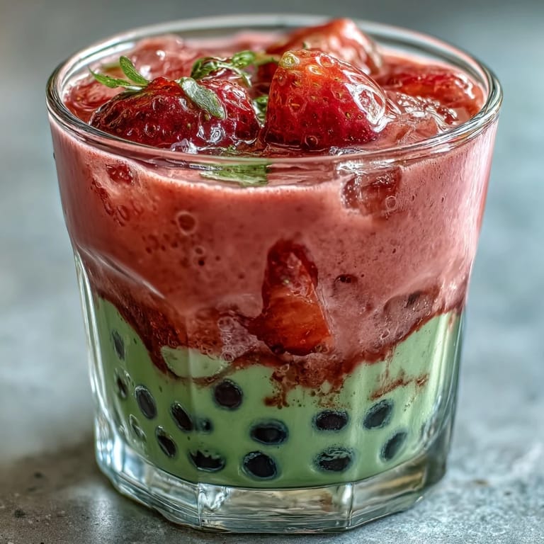 Vibrant Strawberry Matcha Boba-Inspired Drink featuring a sweet strawberry base, earthy matcha milk, and soft tapioca pearls in a visually stunning glass.