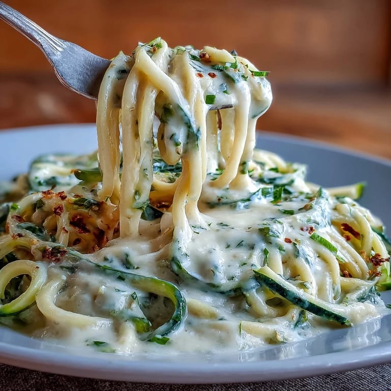 Protein-packed cottage cheese Alfredo sauce drizzled over zucchini noodles, garnished with parsley for a gluten-free, vegetarian meal.