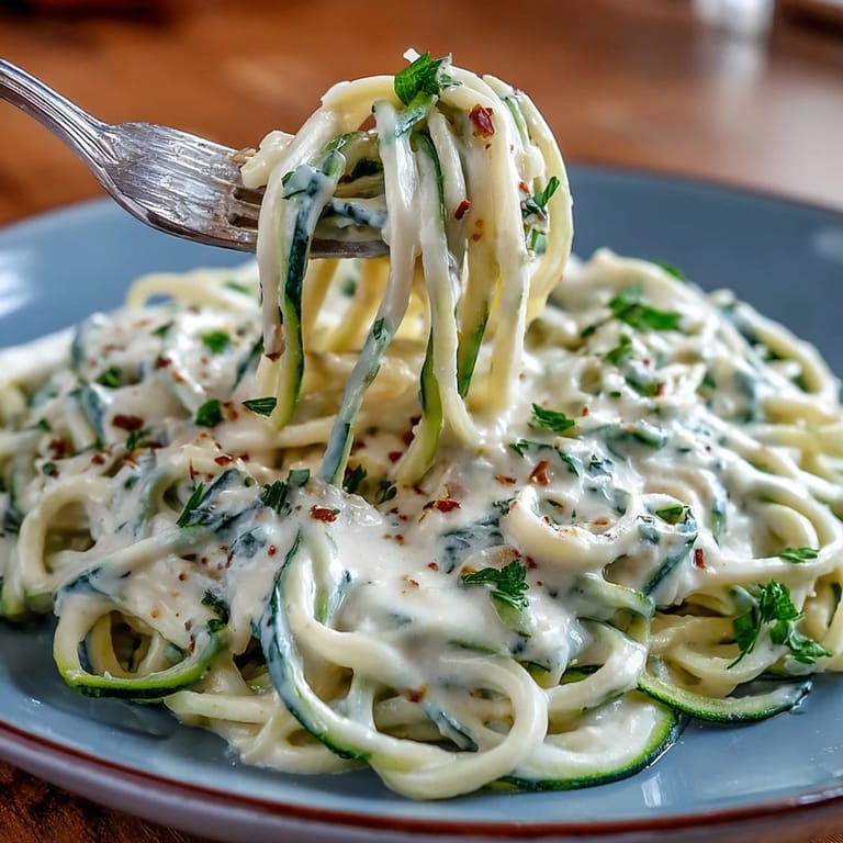 Light and fresh zucchini noodles are tossed in a velvety cottage cheese Alfredo sauce, rich with Parmesan and garlic.  