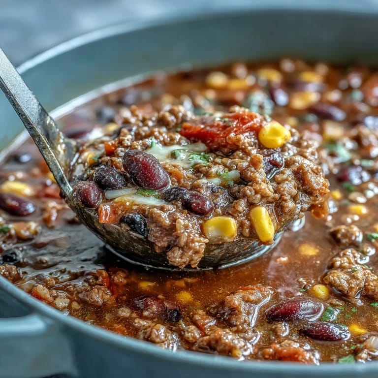 Hearty taco soup simmering with ground beef, beans, and corn, garnished with tortilla chips and a lime wedge.  