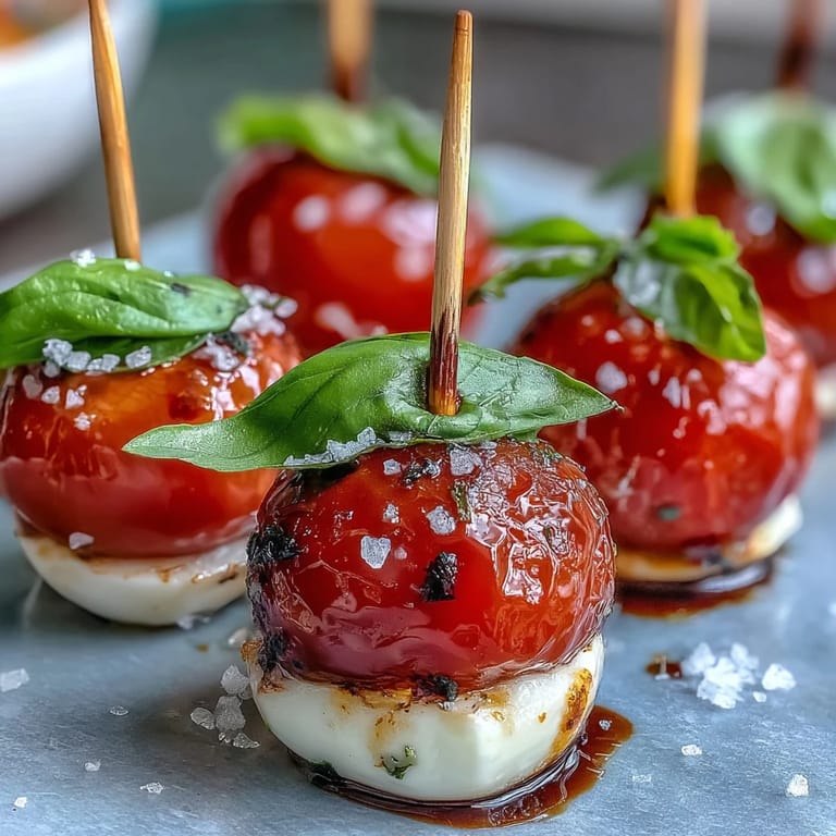 Elegant Caprese skewers featuring cherry tomatoes, mozzarella balls, and basil, perfect for bridal showers.  