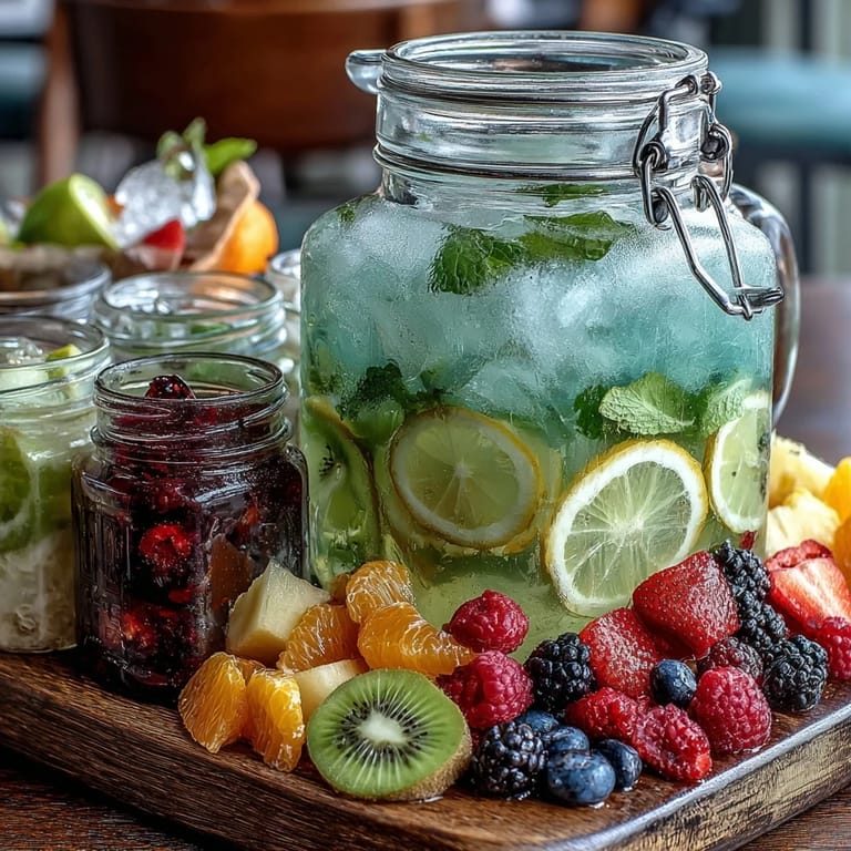 Colorful lemonade bar setup featuring strawberries, blueberries, and mint leaves alongside icy-cold lemonade for guest customization.  